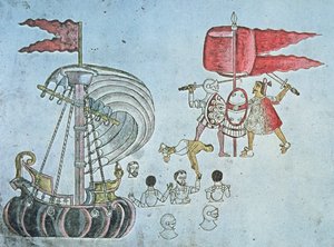 Hernan Cortes spanyol katonái 1519-ben partra gázolnak, hogy az aztékok ellen harcoljanak, az Azcatitlan kódexből kimásolva, 1550 körül (színes litho) alkotó: J.B. and Brown J. Rowbotham