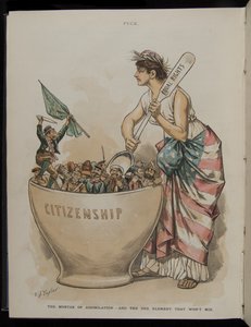 Az asszimilációs habarcs – És az egyetlen elem, amely nem keveredik, illusztráció a Puck Magazine-ból, 1889. június 26. alkotó: C.J. Taylor