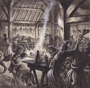Lakoma egy angolszász thegns teremben (gouache, papír) alkotó: C.L. Doughty