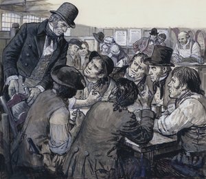 Despard ezredes politikai elégedetlenkedőket toboroz a londoni alvilág sötét bugyraiban (gouache, papír) alkotó: C.L. Doughty