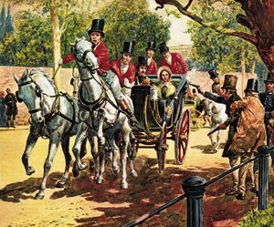Edward Oxford megpróbálja meggyilkolni Viktória királynőt és Albert herceget. alkotó: C.L. Doughty