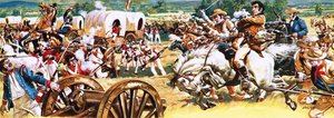 Sam Houston fehér lovon támad a mexikóiakra. alkotó: C.L. Doughty