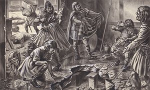 Szászok fosztogatnak egy régi római villát (gouache, papír) alkotó: C.L. Doughty