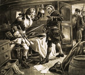 "A spanyol parti őrség kapitánya karddal a kezében rárontott Jenkins kapitányra. alkotó: C.L. Doughty