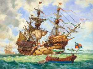 A Nagy Harry, Henrik király flottájának zászlóshajója, 251 ágyúja közül több is (gouache, papír) alkotó: C.L. Doughty