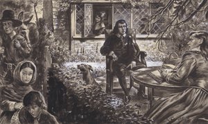 John Milton költő a kertjében, lányaival (gouache, papír)