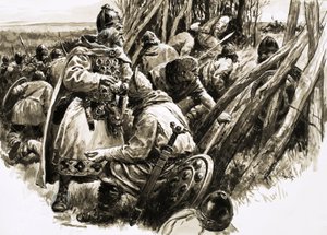 Alfréd király hűséges híveinek kis csapatával visszavonult a mocsarakba. alkotó: C.L. Doughty