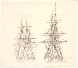 Egy korvett és egy brig a horgonyban. alkotó: Christoffer Wilhelm Eckersberg