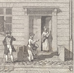 Utcai jelenet, két lány, egy férfi és egy nő keres valamit alkotó: Christoffer Wilhelm Eckersberg