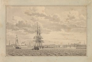 Koppenhága Yderhavnen felől nézve horgonyzó dandárral és vitorlással. alkotó: Christoffer Wilhelm Eckersberg