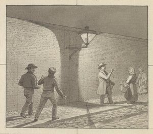 A festészetre alkalmazott lineáris perspektíva, VIII. tábla, 3. ábra. 1 - Éjszakai forgalom az utcai lámpa alatt. alkotó: Christoffer Wilhelm Eckersberg