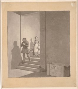 Férfi úton lefelé a lépcsőn, a háttérben nő és gyermek alkotó: Christoffer Wilhelm Eckersberg
