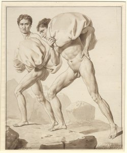 Mózes megosztja a vizet, és elnyelték a fáraó hadseregét – Tanulmány két, poggyászokkal megrakott, túrázó izraelitának alkotó: Christoffer Wilhelm Eckersberg