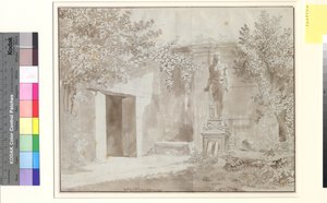 Feltehetően a Palazzo Barberini kertjéből származó telek egyiptomi stílusú római Antinos szoborral, Róma alkotó: Christoffer Wilhelm Eckersberg
