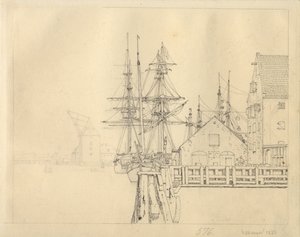 Telek az egyik Christianshavn-i hajógyárból, a háttérben Mastekran. alkotó: Christoffer Wilhelm Eckersberg