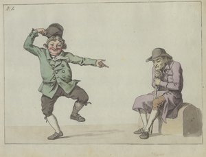Szatirikus magazin; egy férfi ugrik és nevet, miközben egy ülő öregúrra mutat alkotó: Christoffer Wilhelm Eckersberg