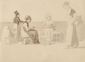 Jelenet egy párizsi farmról vagy rakpartról. Négy ülő, álló és sétáló figura. alkotó: Christoffer Wilhelm Eckersberg