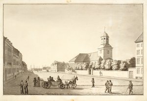 Kilátás a Sankt Annæ térre a Garrison templommal alkotó: Christoffer Wilhelm Eckersberg