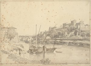 Kilátás a Tiberisre a Porto di Ripa Grande-nál a Porta Portese mellett a Marmorata és a római Monte Aventino templomok felé alkotó: Christoffer Wilhelm Eckersberg