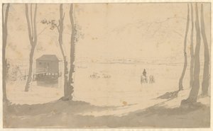 Kilátás a tóra, balra fürdőház, középen lovasok itatóznak, az előtér erdős alkotó: Christoffer Wilhelm Eckersberg