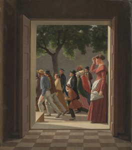 Kilátás egy ajtón keresztül a futó figurákhoz alkotó: Christoffer Wilhelm Eckersberg