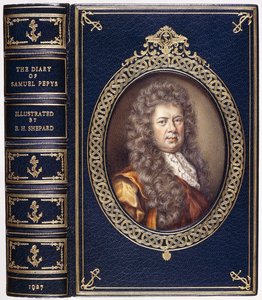 A „Samuel Pepys naplója” könyvborítója Samuel Pepys ovális portréjával alkotó: C. B. Currie