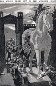A görögök kimásznak a fából készült lóból, illusztráció a "Newnes" Képes Tudáskönyvből (litho)