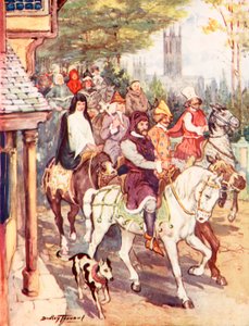 Chaucer lovaglás Canterburybe a zarándokokkal (színes litho) alkotó: C. Dudley Tennant