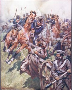 Kozák és orosz orsó a szablyaütésből, illusztráció a „Híres harcok balladáiból”, 1900 körül (színes litó)