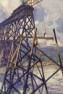 A kanadai Grand Trunk Pacific Railway Battle River viaduktjának acélozása (színes litó) alkotó: C. Dudley Tennant