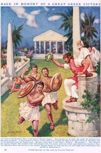 A maraton: Verseny egy nagy görög győzelem emlékére, illusztráció a "Newnes" Képes Tudáskönyvből (színes litó) alkotó: C. Dudley Tennant