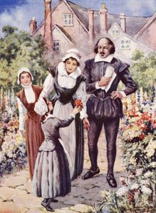 William Shakespeare feleségével és két lányával a New Place kertjében, Stratford-upon-Avonban (színes litó)