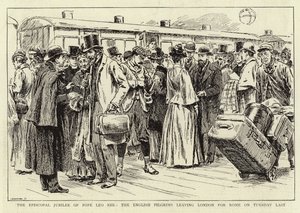 XIII. Leó pápa püspöki jubileuma, a Londonból Rómába induló angol zarándokok múlt kedden indultak útnak alkotó: C. Hentschell