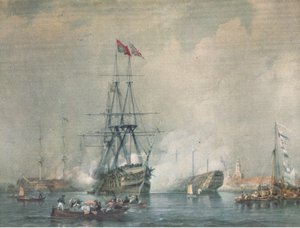 H M S Victory királyi tisztelgést lőtt Portsmouth kikötőjében, a British Adventure, a Collins kiadásában, 1947 alkotó: C. J. M. Whichello