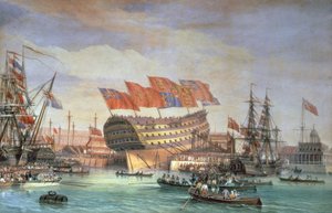 A HMS "Trafalgar" felbocsátása Chathamben, 1820. július