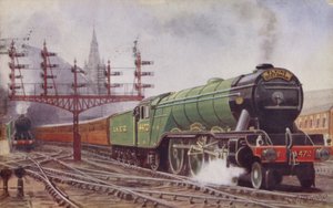 A London and North Eastern Railway Flying Scotsman vonata elhagyja a londoni Kings Cross pályaudvart. alkotó: C. T. Howard
