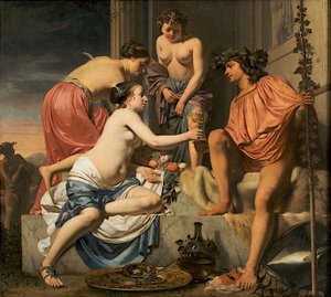Bacchus a trónon – Bacchus bort és gyümölcsöt kínáló nimfák