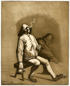 Két férfi ül egy padon, XVIII. század. alkotó: Calnie