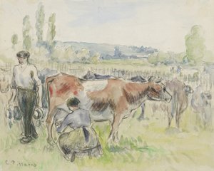Kompozíciós tanulmány egy fejési jelenetről Eragny-sur-Epte-ben, 1884 (akvarell fekete krétával) alkotó: Camille Jacob Pissarro