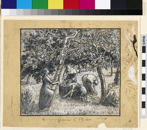Almát betakarító női parasztok kompozíciós vizsgálata (toll és indiai tinta kínai fehérrel a papíron) alkotó: Camille Jacob Pissarro