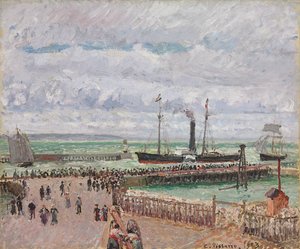 Le Havre kikötőjének bejárata és a nyugati hullámtörők, világító szürke időjárás; Le Havre kikötőjének bejárata és a nyugati hullámtörő, ragyogó szürke időjárás, 1903 alkotó: Camille Jacob Pissarro