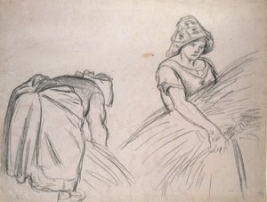 Tanulmány két nőstény aratóról, 1882 (fekete kréta rózsaszín papíron fehérrel) alkotó: Camille Jacob Pissarro