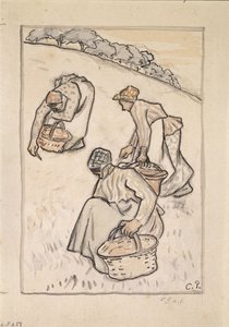 Fűt gyomláló nők (toll és indiai tinta wc-vel szén fölött, papíron) alkotó: Camille Jacob Pissarro