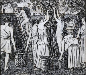Szőlőszüret, kompozíciós tanulmány a „Daphnis és Chloë” illusztrációjához, 1895 alkotó: Camille Pissarro