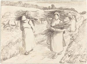 Parasztok hordozóbotokat alkotó: Camille Pissarro