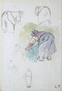 Tanulmányi lap: négy tanulmány egy női paraszti hajlításról és két tanulmány egy basát tartó nőről alkotó: Camille Pissarro