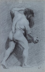Tanulmány egy falnak támasztott férfi aktról, jobbra nézve, 1856-1860 alkotó: Camille Pissarro
