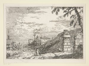 Táj toronnyal és két romos oszloppal, a Vedute sorozatból (Kilátások) alkotó: Canaletto (Giovanni Antonio Canal)