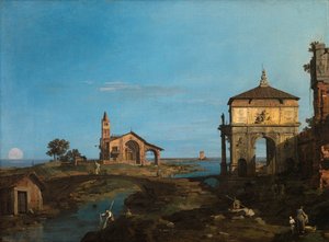 Sziget a lagúnában átjáróval és templommal alkotó: Canaletto