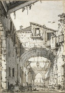 Capriccio: Ívek által keresztezett utca (recto) Az ajtónyílás, a lépcsőház és az épület második emeletének vázlatai (verso) alkotó: Canaletto